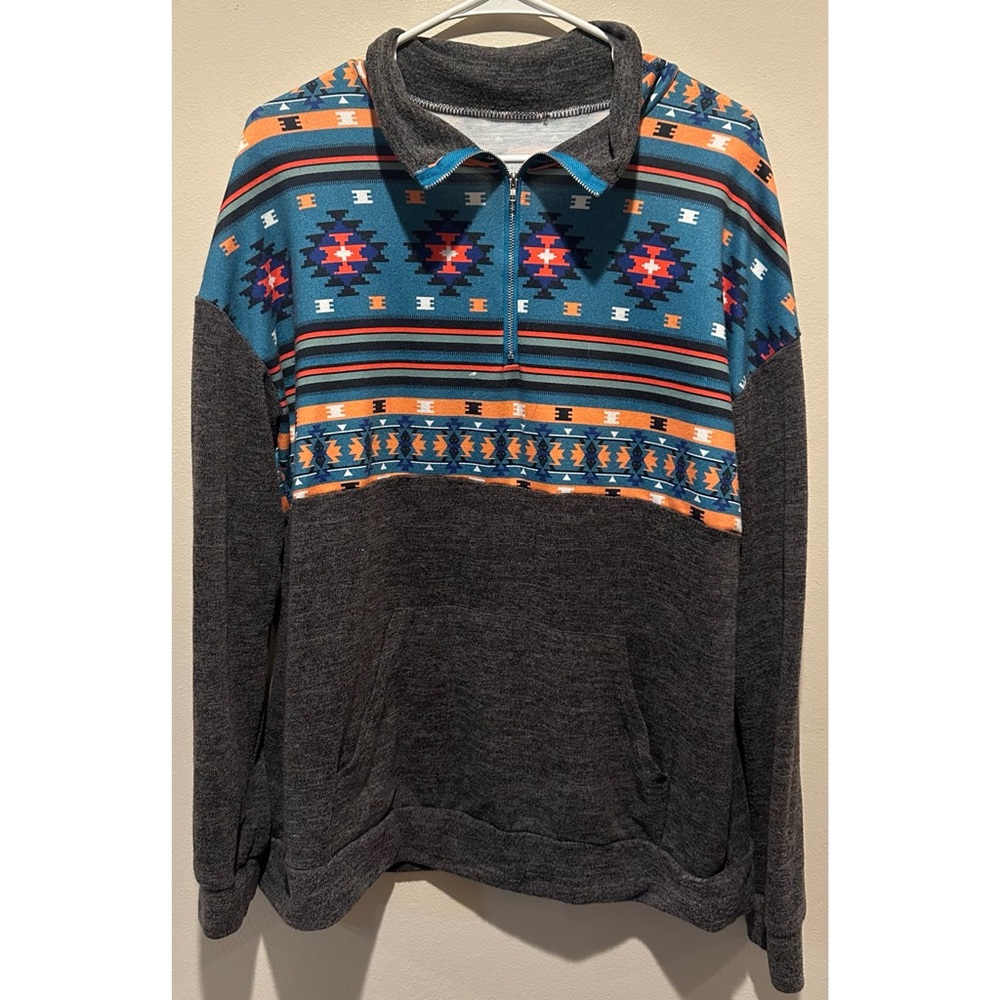 Aztec Patterned Gray and Blue Women's Sweatshirt